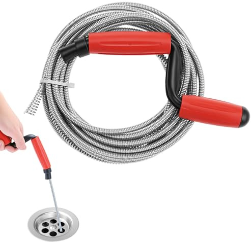 QWORK® Alambre desatascador de tubos, 4.2Mx6MM cable desatascador tuberias flexible con mango ergonómico, para desagües de baño, fregaderos de cocina, desagües y inodoros