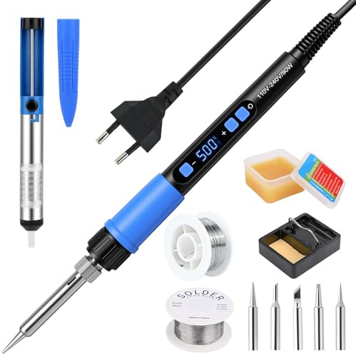 90W Soldador de Estaño con LCD y Temperatura Ajustable (180-500°C), Soldador con Encendido/Apagado, Soporte Soldador, 5 Puntas Soldar, Alambre Soldar, Bomba Desoldar, Flux Soldar, para Reparaciones