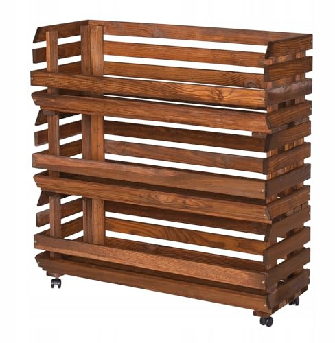 STOLMAK Obstkiste Holz auf Rollen 77 x 79 x 30 cm Kartoffel Obst Gemüse Aufbewahrung Regal mit Körben Stapelkisten Holzkiste Groß Aufbewahren Gemüsekiste 3 Etagen Farbe Braun