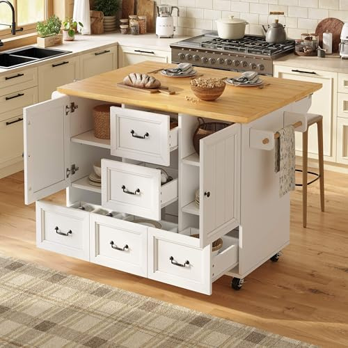 Lahoomu Kücheninsel, Schrank, Sideboard, Ausziehbarer Küchenwagen auf Rollen mit Handtuchhalter und Gewürzregal, verstellbare Einlegeböden, Weiß
