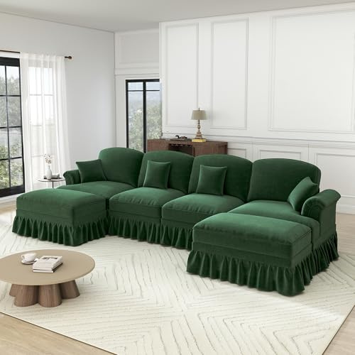 Ligterra Wohnlandschaft U Form, Modulares 4 Sitzer Sofa, mit 2 Ottomane, Trichter-Armlehnen, Abnehmbarer Rüschenschürze & Beweglichem Hocker, Chennille-Stoff, 350×140×93cm (Grün)