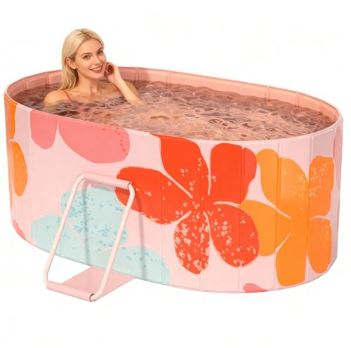 Vinteky Baignoire pliable adulte 123x52x53cm,Baignoire portable pliable avec 2 panneaux de support latéraux,2 trous de drainage,pour adultes,baignoires pour Intérieur/Extérieur (Rose à Fleurs)