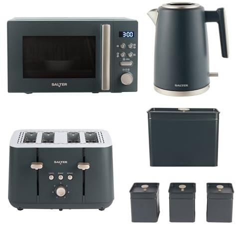 Salter Marino 4-Piece Kitchen Set - 1.7L Fast Boil Kettle, 4 Slice Toaster, 20L Digital Microwave & Bread Bin with 3 Storage Canisters, Blue Grey Countertop Set | Blue Grey Finish, Includes 3 Storage Canisters, 1.7 L Kettle, 4 Slice Toaster, 20 L 800 W Microwave, 8 Auto Cook Modes