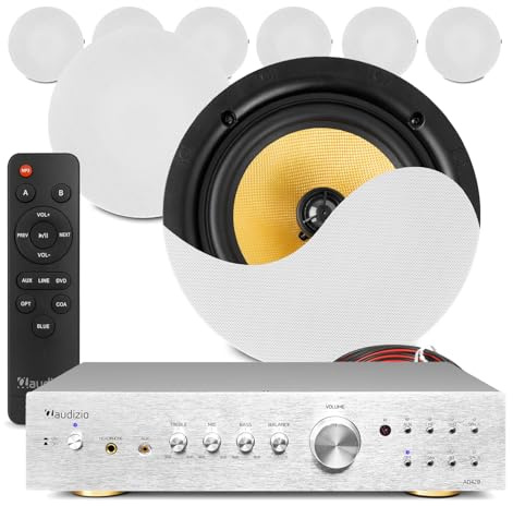 Power Dynamics 8x PD KVCS8 8 Coaxial Ceiling Speaker System with Tiltable Tweeters & Audizio AD420A 2-Zone HiFi Amplifier – 4x100W, Optical, Bluetooth, Complete Installed Sound Solution