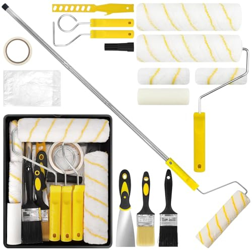 18 Teiliges Farbroller Set mit Teleskopstange, Malerset, Farbroller Wandfarbe Malerrolle, Pinsel, Schaber und Farbwanne für Wand Decken (A)