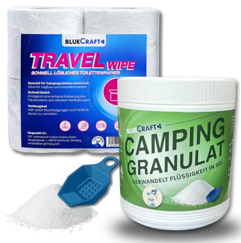 Bluecraft Camping Sanitär-Zubehör Set Toilettenpapier 4 Rollen + Granulat | Schnell löslich & geruchsbindend Superabsorber Campingtoilette für Chemie- & Trockentoiletten, Wohnmobil, Wohnwagen, Caravan