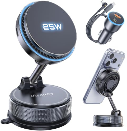 Beeasy 25W Qi2.2 Handyhalterung Auto Magsafe Autohalterung mit Ladefunktion | [Kühllüfter & 63W Adapter] Snapmount Handy Halterung mit Vakumm Saugnapf für iPhone 12-17 Serie, Galaxy S26 Ultra