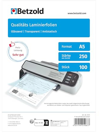 Betzold Laminierfolien DIN A5 | 100 Stück, Laminiertaschen, reiß- und wasserfest, Bürobedarf