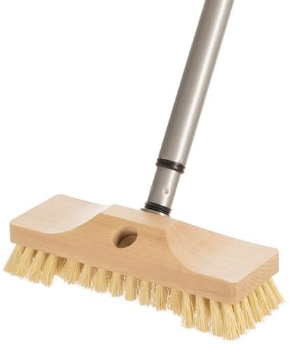 Schrubber mit Stiel, Teleskopstiel Schrupper aus Holz mit Naturborsten, Ideal für die Reinigung von Boden, Bodenbürste, Fliesen, Balkon, Terrasse, Garten, Außen, Innen, Aussenbereich, Aussen