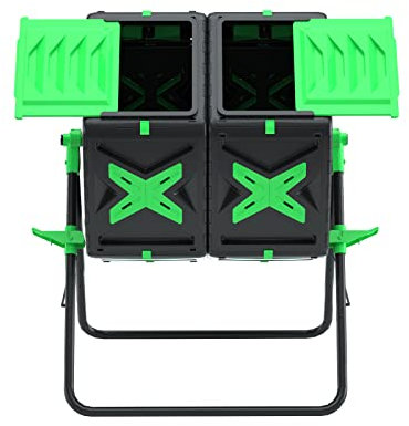 SQUEEZE master Large Dual Chamber Compost Bin Tumbler Outdoor Garden- Easy Rotating- Sturdy Steel Frame-Fast Composting (Green, 2 × 18.5 Gallon)