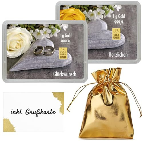 Goldstücke24 - Goldbarren 1g – Geschenk zur Hochzeit - Motivbox “Hochzeit - Herzlichen Glückwunsch” Tolle Geschenkidee - Feingold 999,9