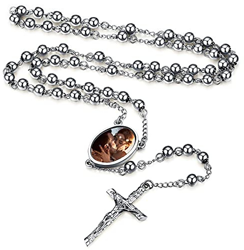 FaithHeart Personalisierte Rosenkranz Kette für Damen Mädchen， Christliche Rosenkranz Halskette，Foto Halter mit Geschenkebox für Muttertag Geburtstag Weihnachten