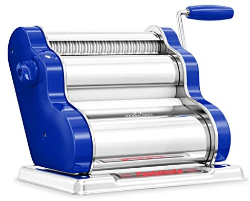 PASTALINDA Classic 200 Pasta Maker Machine, Wide Rollers, 9 Thickness Positions, 2 Cutting Positions, Stainless Steel Body, Metal Gears with Hand Crank and Two Clamps - Pasta Noodles - Blue
