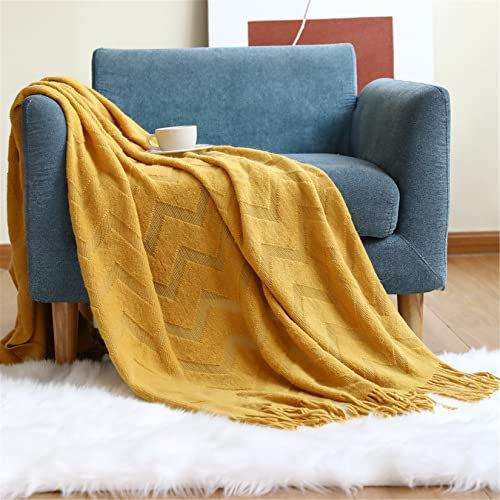 Hayisugal Wohndecke Boho Decke Weich Strickdecke Wolldecke mit Quaste Kuscheldecke Sofadecke Couch Decke Überwurfdecke Tagesdecke, Gelb, 130 x 200cm