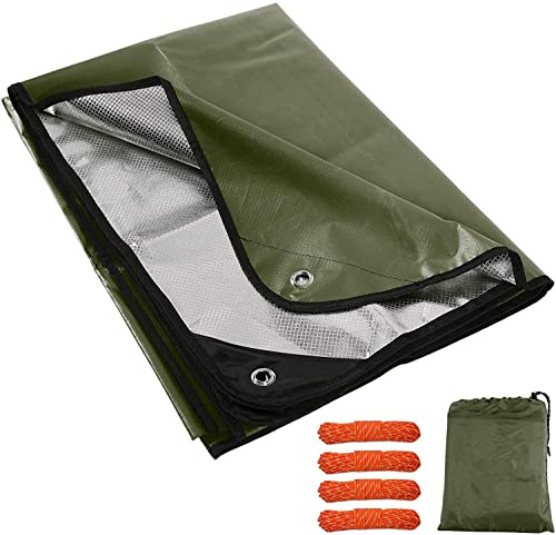 REDCAMP Manta de emergencia resistente para supervivencia, reflectante de 7 x 5 pies, color verde | Manta térmica gruesa reutilizable de 7 x 5 pies y lona impermeable, con cuerdas tensoras, bolsa reflectante de rescate