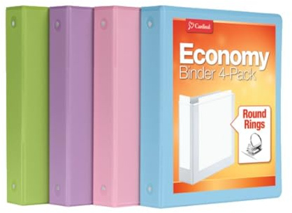 Cardinal 3 Ring Binders, Binders for School and Office, Durable 1.5 Inch, Round Rings, Holds 350 Sheets, ClearVue Presentation View, Non-Stick, Assorted Pastel Colors, 4 Pack (79552)