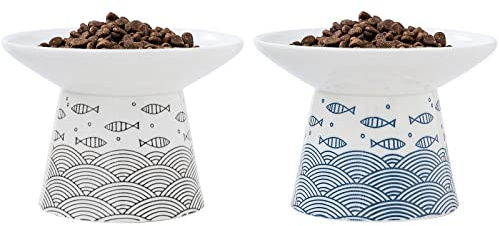 TAMAYKIM 6.25 Inch Extra Wide Raised Ceramic Cat Bowls, Food & Water Bowls for Elder Big Cats and Small Dogs, Elevated Heavy Sturdy Base Pet Feeder Dish, Stress Free, Protect Cat's Spine, Blue & Black