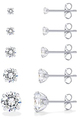 PAVOI Waterproof Five Pairs Stud Earrings for Women - Stainless Steel Pack of 5 Cubic Zirconia Earrings for Men and Women - Hypoallergenic Premium CZ Studs Set