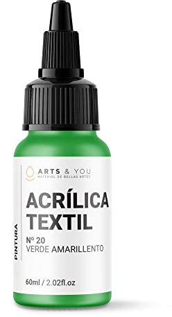 Arts & You Pintura Acrílica Textil 60ml Ideal para pintar Ropa y Tejidos | Pintura Fluida para manualidades en tela | Adhesión en Tejidos muy duradera (20 Verde Amarillento)