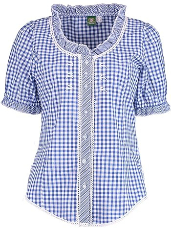 OS Trachten Damen Bluse Kurzarm Trachtenbluse mit Rundhalsausschnitt Poror, Größe:38, Farbe:Mittelblau
