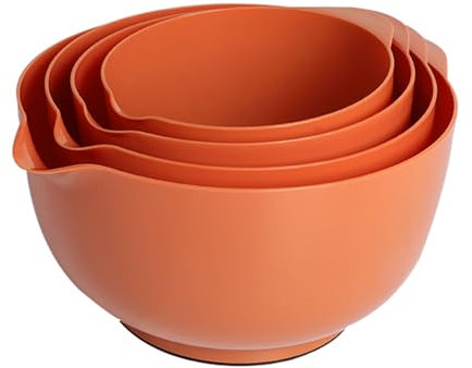 BoxedHome Brownish Orange Nesting Plastic Mixing Bowl Set with Pour Spout, Microwave and Dishwasher Safe, BPA Free Non-Slip Base, Set of 4 Size 1.7, 2.5, 3.5 and 4.5qt, Great for Prepping, Baking