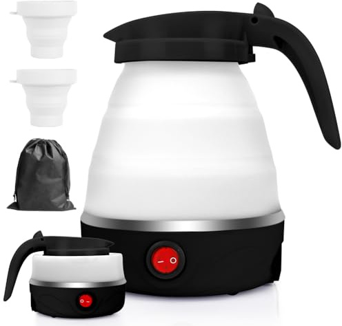 LOMUG Bollitore Portatile da Campeggio 600ml Mini Bollitore Elettrico in Silicone, Bollitore Pieghevole da Viaggio, Bollitore da Viaggio Piccolo con 2 Bicchieri Pieghevoli, Sia da Casa Che in Viaggio