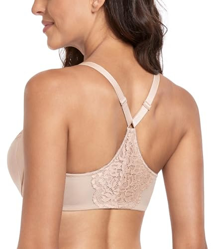 Lemorosy Women's Front Closure Bra Plus Size Racerback Unpadded Underwire with Flower Lace(Beige,38E)