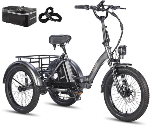 Fafrees F20 Mate Electric Trike E-Bike, 20 * 3.0 Inch Fatbike, Folding Electric Tricycle, 48V/18.2Ah Removable Battery, Rear Rack, Range 110KM, ElectricCargo Trike for Adult Senior (Grey)