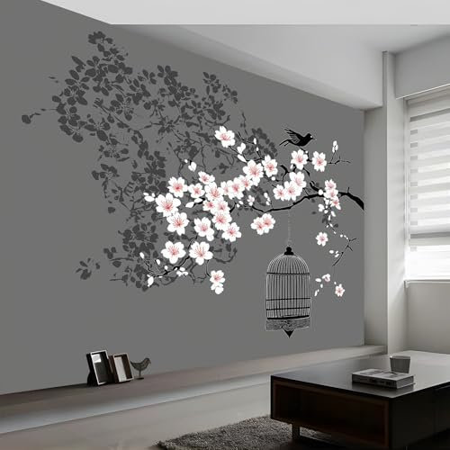 Panorama Carta da Parati Murale 200 x 140 cm (L x A), Parati Murali Fotografica Dipinto di Fiori e Uccelli in Stile Giapponese, Murales Fotografici Stile Giapponese, Parete Poster Decorativo