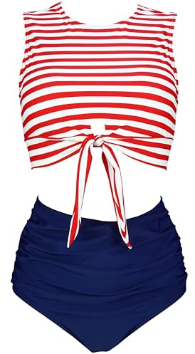 VILOREE Conjunto de bikini para mujer, traje de baño, traje de baño de dos piezas, con nudo frontal, cintura alta, control de abdomen, Red & Stripe, M