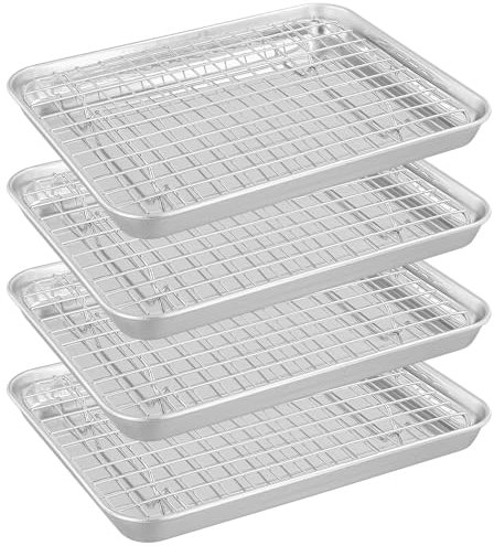MOUYAT 4 PCS 10x8x1Inch Baking Sheet with Rack Set, Stainless Steel Baking Tray with Grill Rack, Baking Sheet with Wire Rack for Oven Cooking Serving Roasting