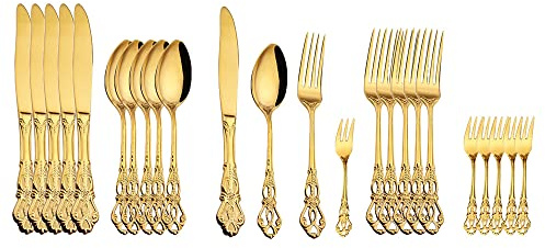 WOTZOV Ensemble de Couverts en argenterie, Ensemble de Couverts en Acier Inoxydable 24 pièces Vaisselle de Table Nourriture Occidentale Vaisselle Royale Fourchettes à Fruits de,Or avec Fourchette