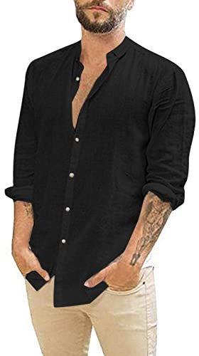 Rodawu Camisas de manga larga de algodón y lino para hombre, camisas casuales de verano, camisetas de playa, Negro, 3XL