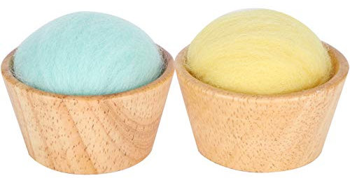 2 soportes de madera para agujas de coser, cojín vertical de fieltro de lana con cuenco de madera, cojín redondo de fieltro de lana