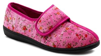 Dr Keller Womens Slippers Floral Wide Open Touch Fasten Ladies Diabetic Orthopaedic Velour House Shoes Slippers (Floral, UK Footwear Size System, Adult, Women, Numeric, Medium, 5)