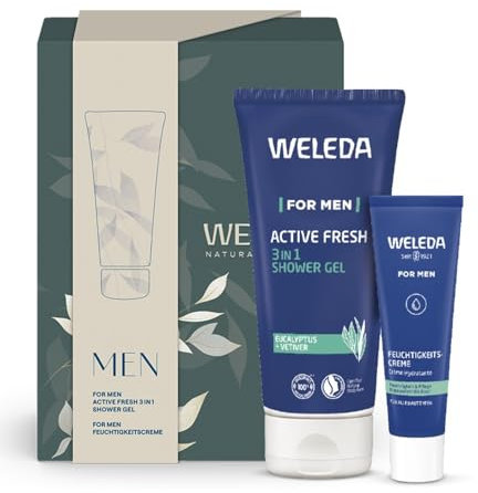 WELEDA Bio Geschenk Set MEN - Naturkosmetik Geschenkbox Pflegeset bestehend aus For Men Active Fresh 3in1 Duschgel & Männer Feuchtigkeitscreme. Optimal zur täglichen Pflege von Gesicht und Körper