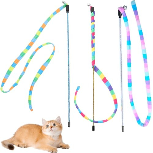 KABASI 3PCS Interactive Cat Rainbow Wand Toys, Cats String Toy Teaser Wand | Colorful Sturdy Pole with Spring Balls for Kitten Cat Having Fun Exerciser Playing Indoor and Outdoor