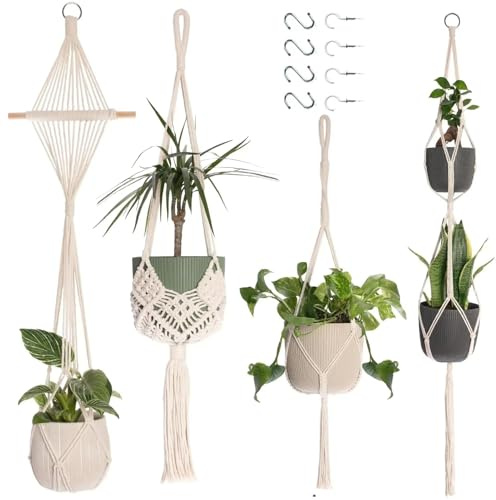 Makramee Blumenampel, 4 Stück Boho Deko Makramee Hängeampel mit Haken, Baumwollseil Hängepflanzen, Boho Zimmer Deko Aesthetic Hängeampel, Blumentopf Hängend für Innen Außen Decken Balkone Wand Deko
