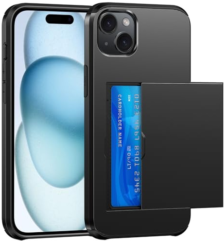 SZSSZSM Plånbok för iPhone 15 Fodral med Korthållare Dubbla Lager Militärkvalitet Skyddande Stötsäkert Dold Kortplats Smal Passform Telefonskydd – Svart