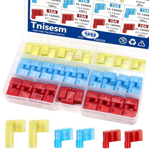Tnisesm 90Pcs Right Angle Flag Spade Connector Wire Terminal Crimp Connectors Quick Disconnect Female Nylon Crimps Terminals for 22-18 16-14 12-10 AWG Gauge Wiring