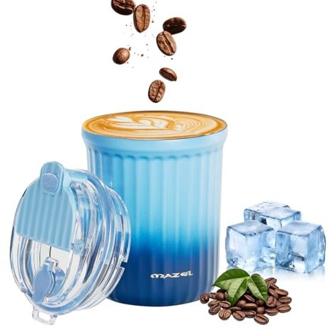 MAZEL 316 Stainless Steel Insulated Coffee Mug 380ml,Double Drinking Spouts Leakproof Travel Mug,Car Cup Holder Friendly Thermal Tumbler for Commute, Office, Gym (Blue)