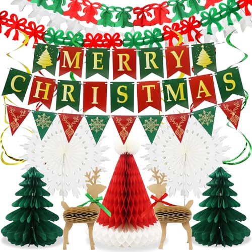 Forbabe 18 Stück Weihnachtsdeko Set Innen, Weihnachtsparty Deko Set - Merry Christmas Banner Girlande Wirbel Weihnachtsbaum Weihnachtsmütze Schneeflockenfäche Weihnachtshirsch Papier Weihnachten Deko