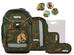 ergobag pack set Zaino scolastico ergonomico e flessibile, 6 pezzi, per la prima elementare ExBeardition - Olive