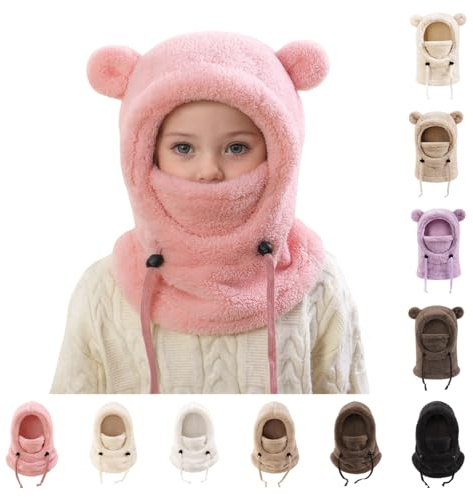 Generisch Schlupfmütze Kinder Warme Wintermütze Mädchen Jungen,Niedlich Schalmütze mit Zwei Ohren,Weiche Kuschelige Plüsch Sturmhaube,3 in 1 Fleece Gesichtsmaske Schal Mütze Kinder für 3–10 Jahre