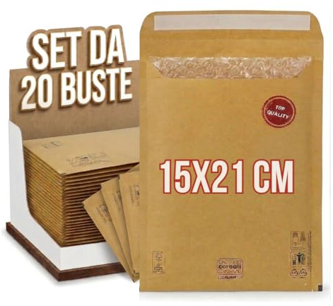 Buste per Spedizioni Imbottite Piccole 15x21 cm - 20 Pacchetti Postali Vinted con Pluriball Antiurto - Sacchetti Carta Avana Autosigillanti per Spedire Oggetti, Gioielli, Cosmetici ed Elettronica