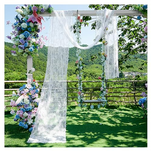 TSWNG Querbehang Freihanddeko Weiß, Drapierstoff Hochzeit Vorhang Hochzeitsbogen Spitzenstoff Gardinen Blumen Stickerei Spitzenvorhang für Torbogen, Garten, Zeremonie Deko, 140x500cm