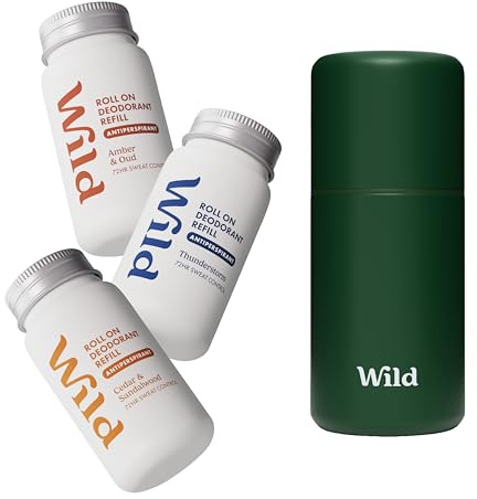 Wild Nachfüllbares Antiperspirant Roll‑on Deodorant Starter‑Kit für Herren – 72‑Stunden‑Schutz vor Körpergeruch – Forest Green Case mit Amber & Oud, Thunderstorm und Cedar & Sandalwood Nachfüllern