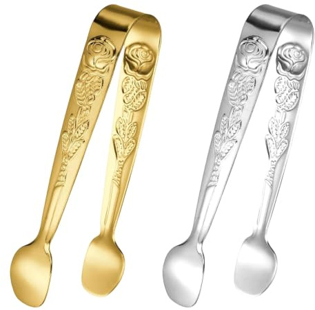 2 Pcs Stainless Steel Sugar Tongs, Rose Relief Handle Mini Cubes Sugars Tongs, 304 Stainless Steel Ice Tong, 4inch Rose U Shaped Sugar Cube Tongss for Tea Party, Coffee,Silver, Gold