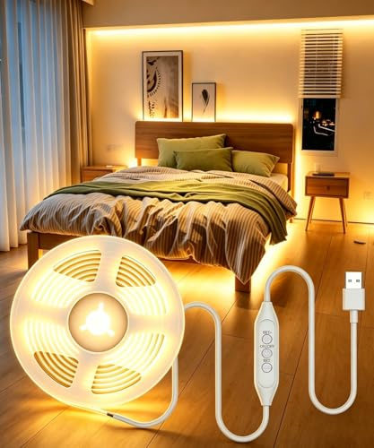 Ruban LED 2M COB Blanc Chaud, USB Bande Reglette LED Blanche Chaud, Bandeau LEDs Chantier Chambre Lumiere Interieur, Eclairage Réglable‌ LEDs Strip Light pour TV Escalier Placard avec Interrupteur