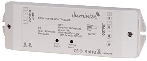 iluminize LED-Controller Funk/WiFi: 750Hz (flimmerfrei), 4x 5A, für weiße/duo-weiße (CCT)/RGB/RGB+W/RGBW LEDs, 12V-36V Konstantspannung, für LED-Streifen/-Lampen mit Konstantspannung (Funk/WiFi 4x 5A)